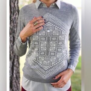 J. Crew Gray Crewneck Sweater with White Diamond Motif Marino Wool
